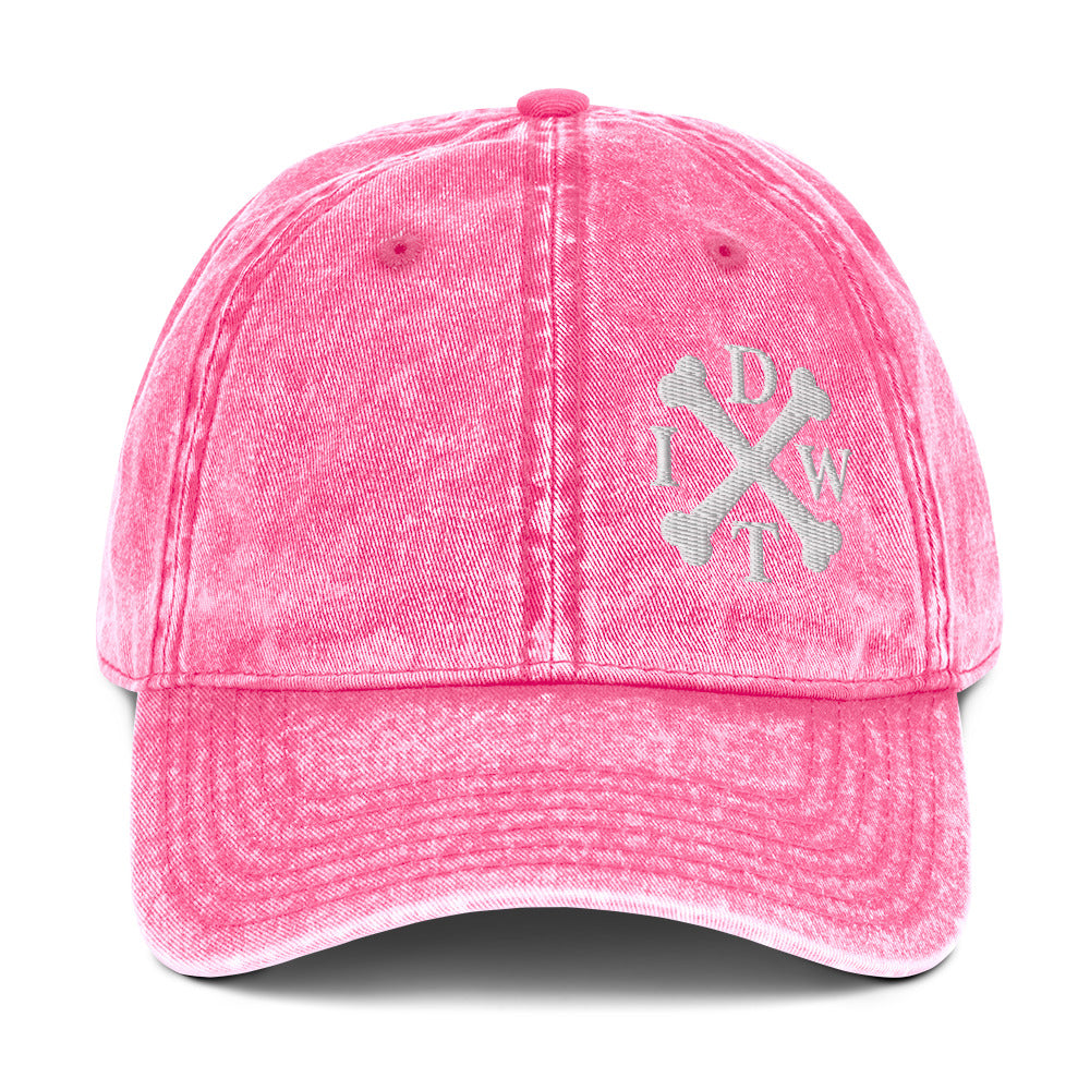IDWT Vintage Embroidered Cap - Pink Distressed Denim with White Crossbones Logo - In Dogz We Trust - Front View