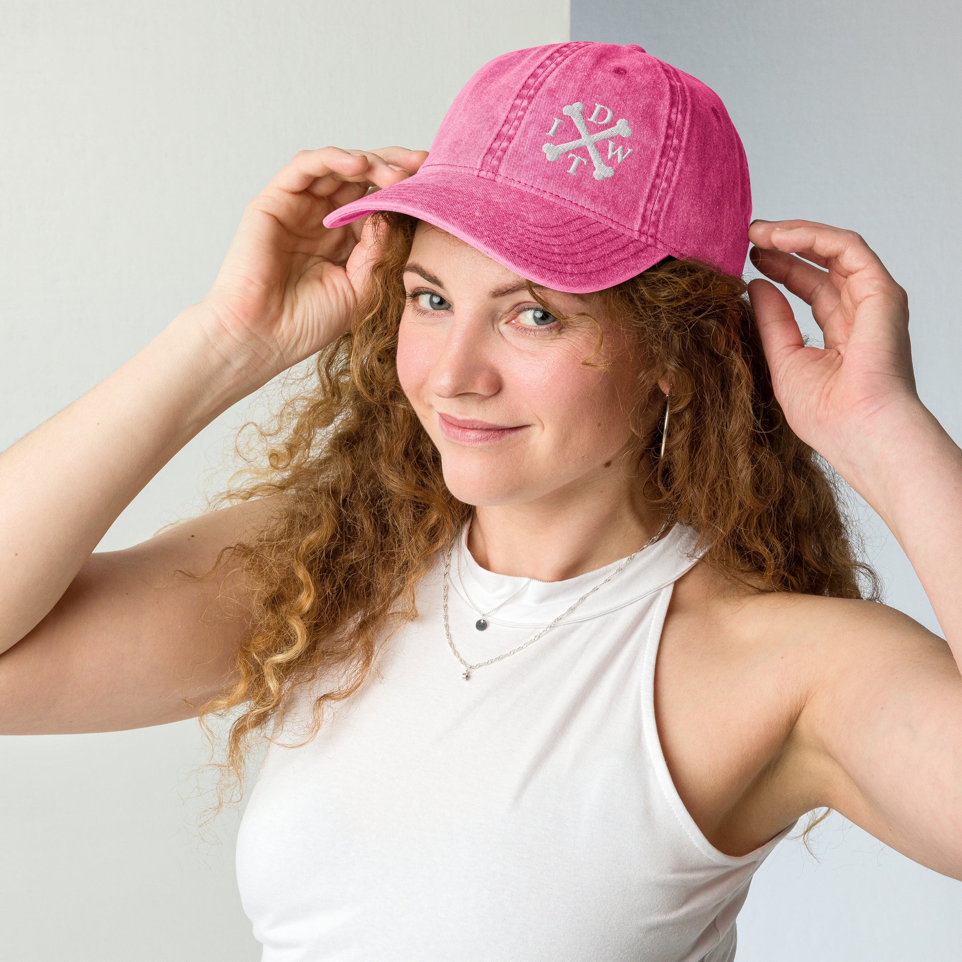 IDWT Vintage Embroidered Cap - Pink Distressed Denim with White Crossbones Logo - In Dogz We Trust - Female Model
