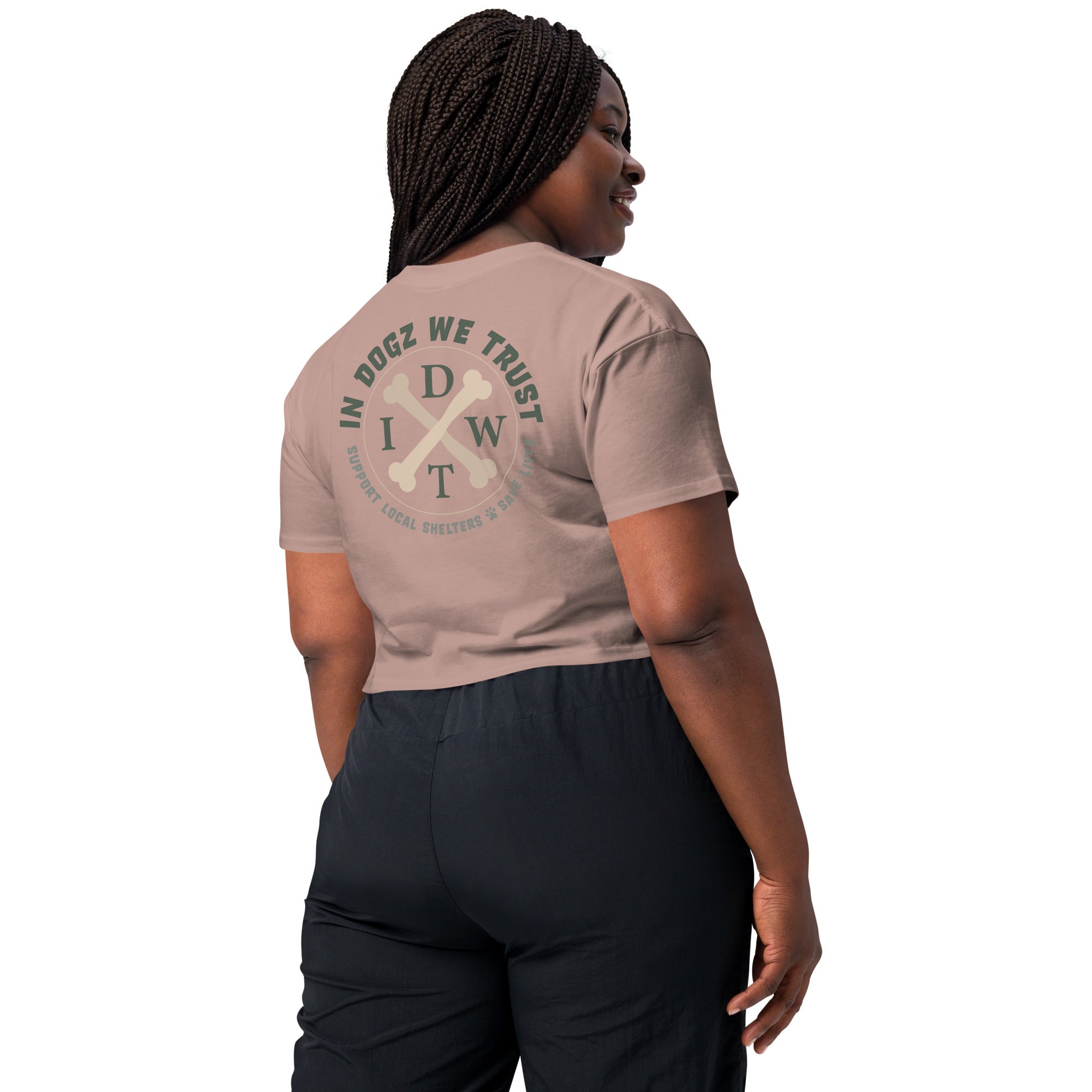 Join The Pack Crop Top T-Shirt - Hazy Pink - In Dogz We Trust - Plus Size Female Model - Back View