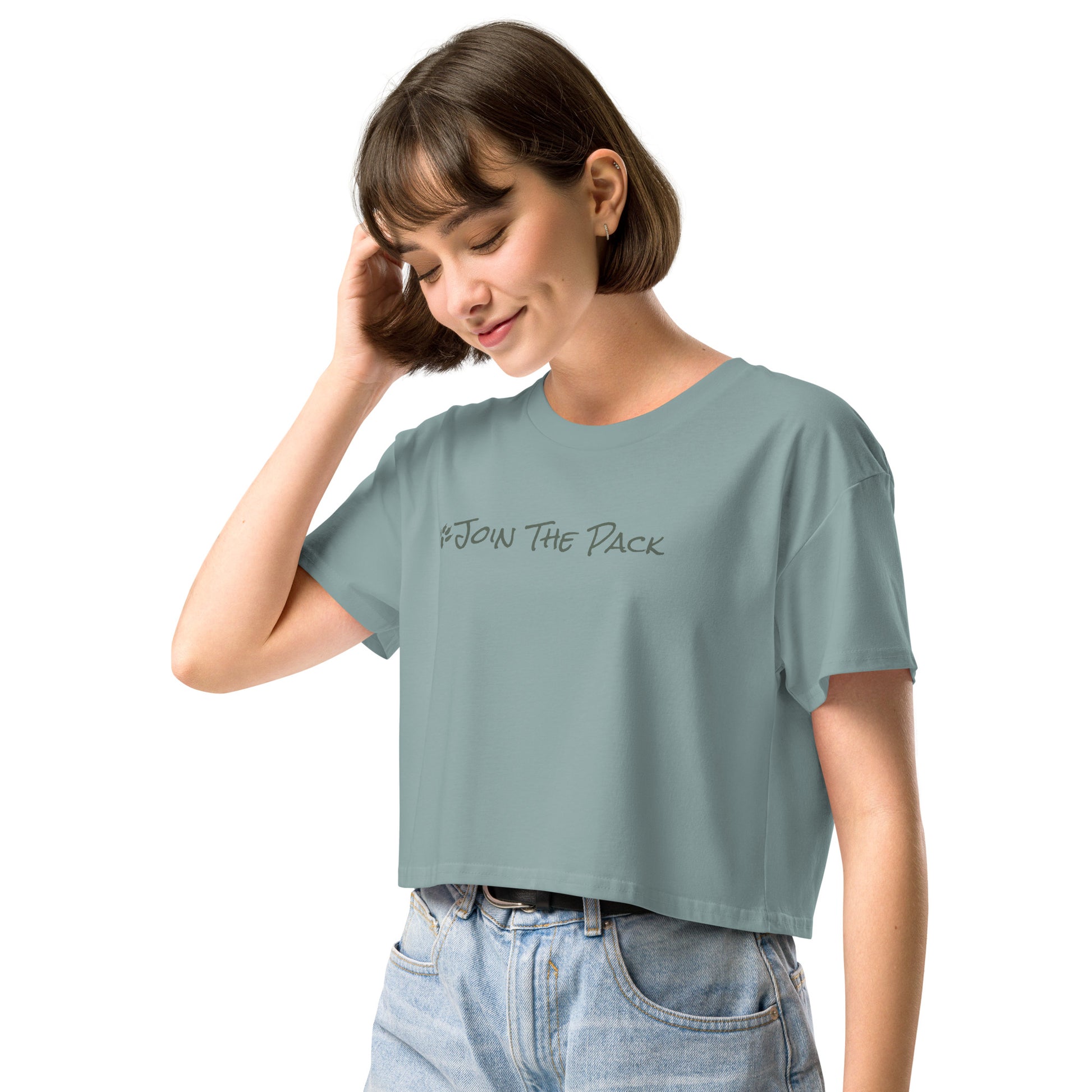 Join The Pack Crop Top T-Shirt - Mineral Blue - In Dogz We Trust - Female Model - Front View