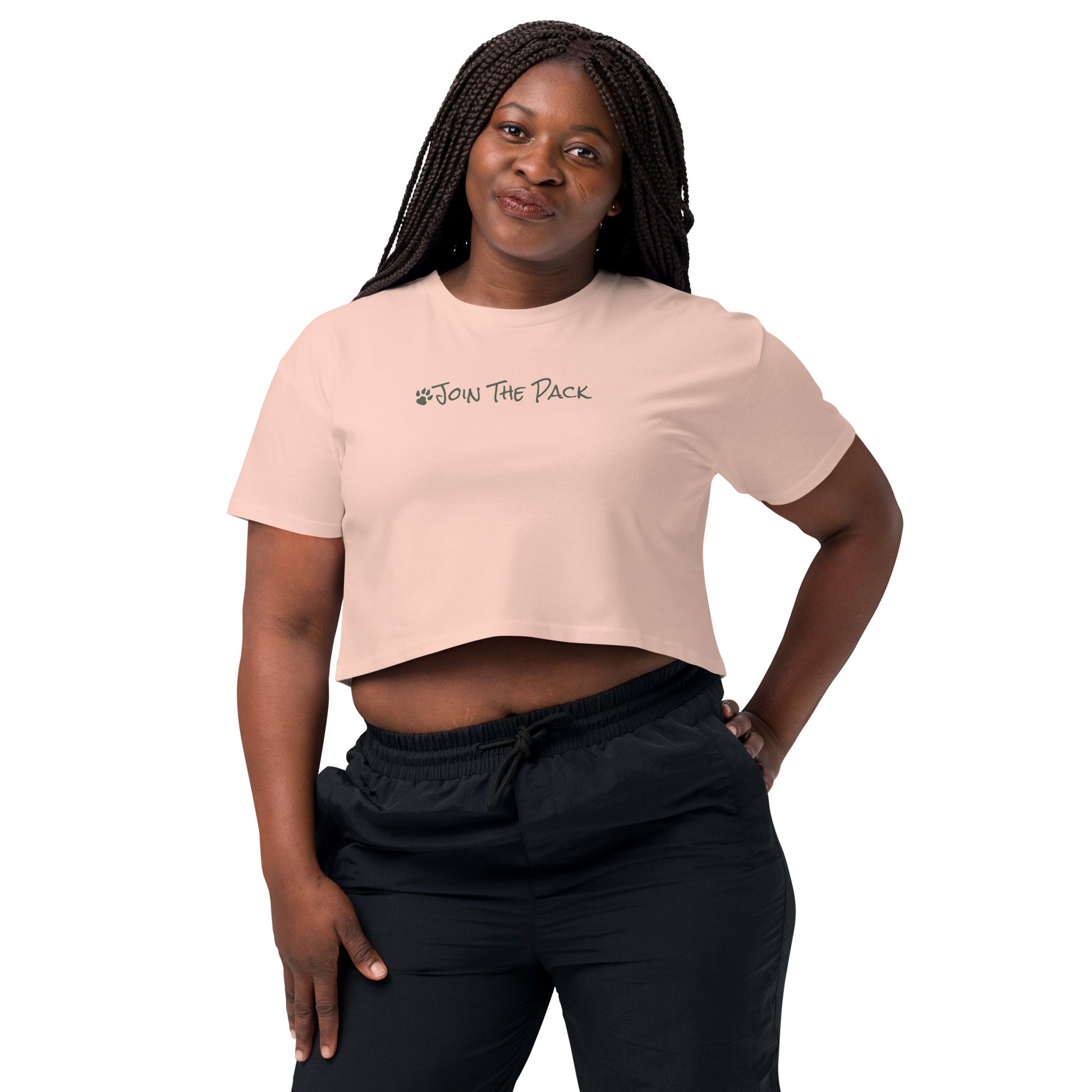 Join The Pack Crop Top T-Shirt - Pale Pink - In Dogz We Trust - Plus Size Female Model - Front View