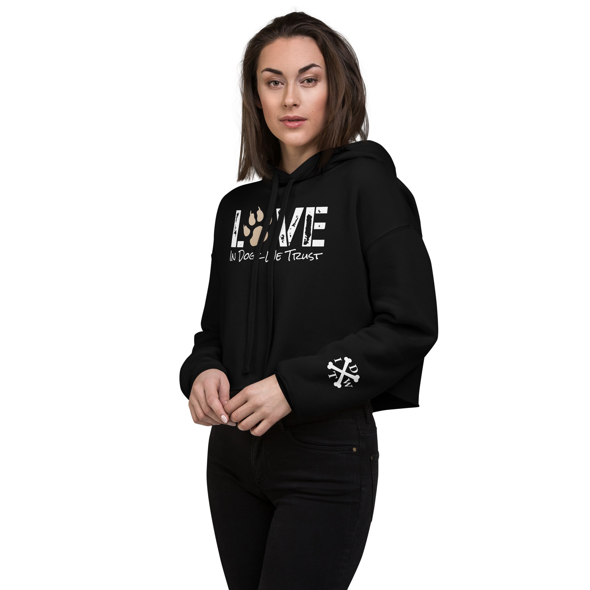 Puppy LOVE Crop Hoodie - Black - In Dogz We Trust - Female Model - Front View