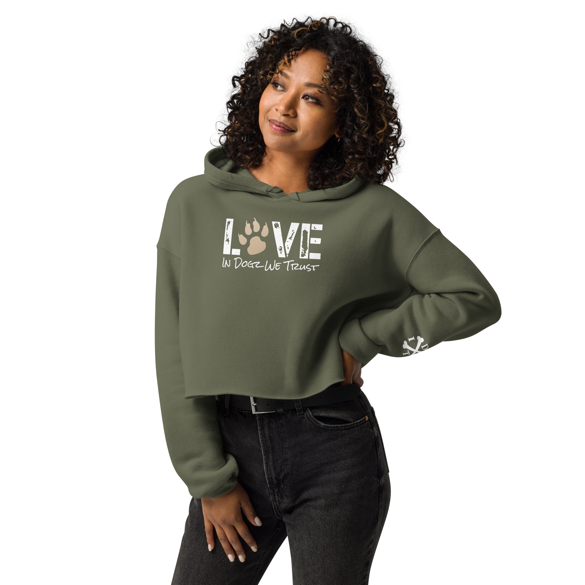Puppy LOVE Crop Hoodie - Military Green - In Dogz We Trust - Female Model - Front View