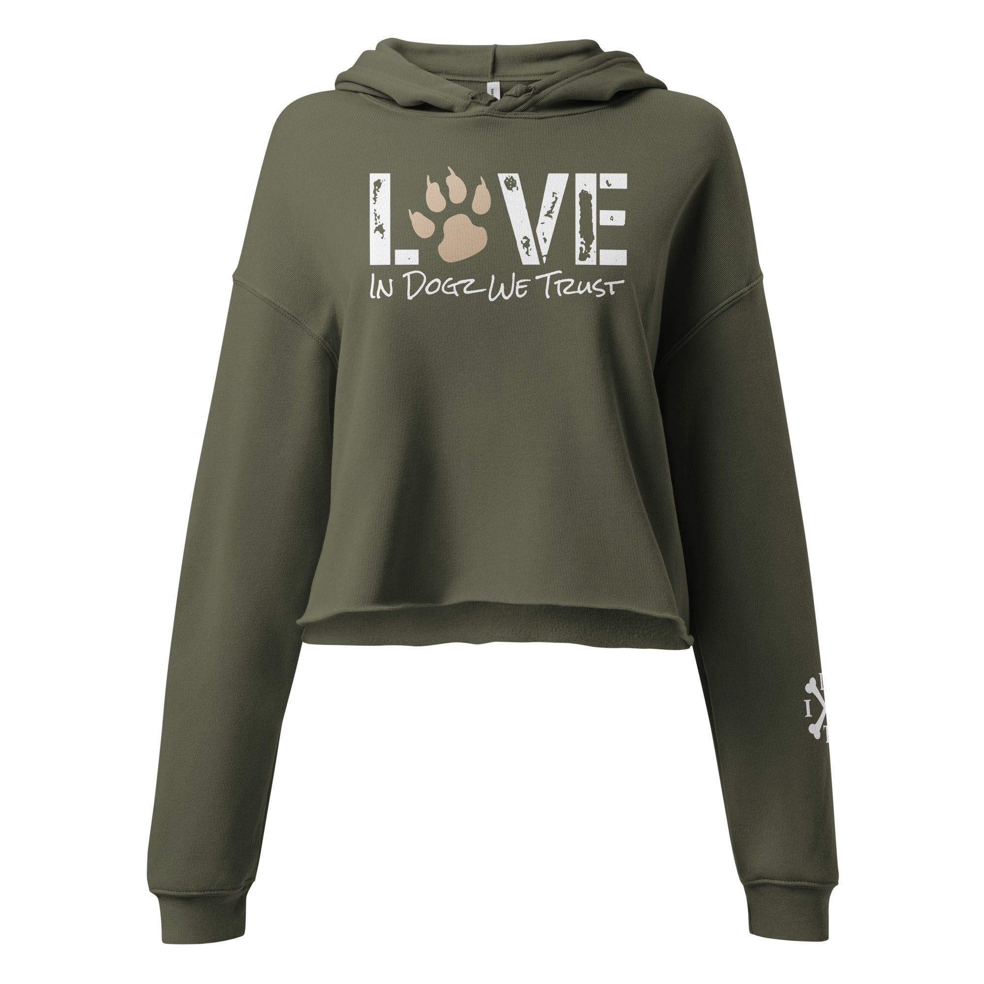 Puppy LOVE Crop Hoodie - Military Green - In Dogz We Trust - Front View