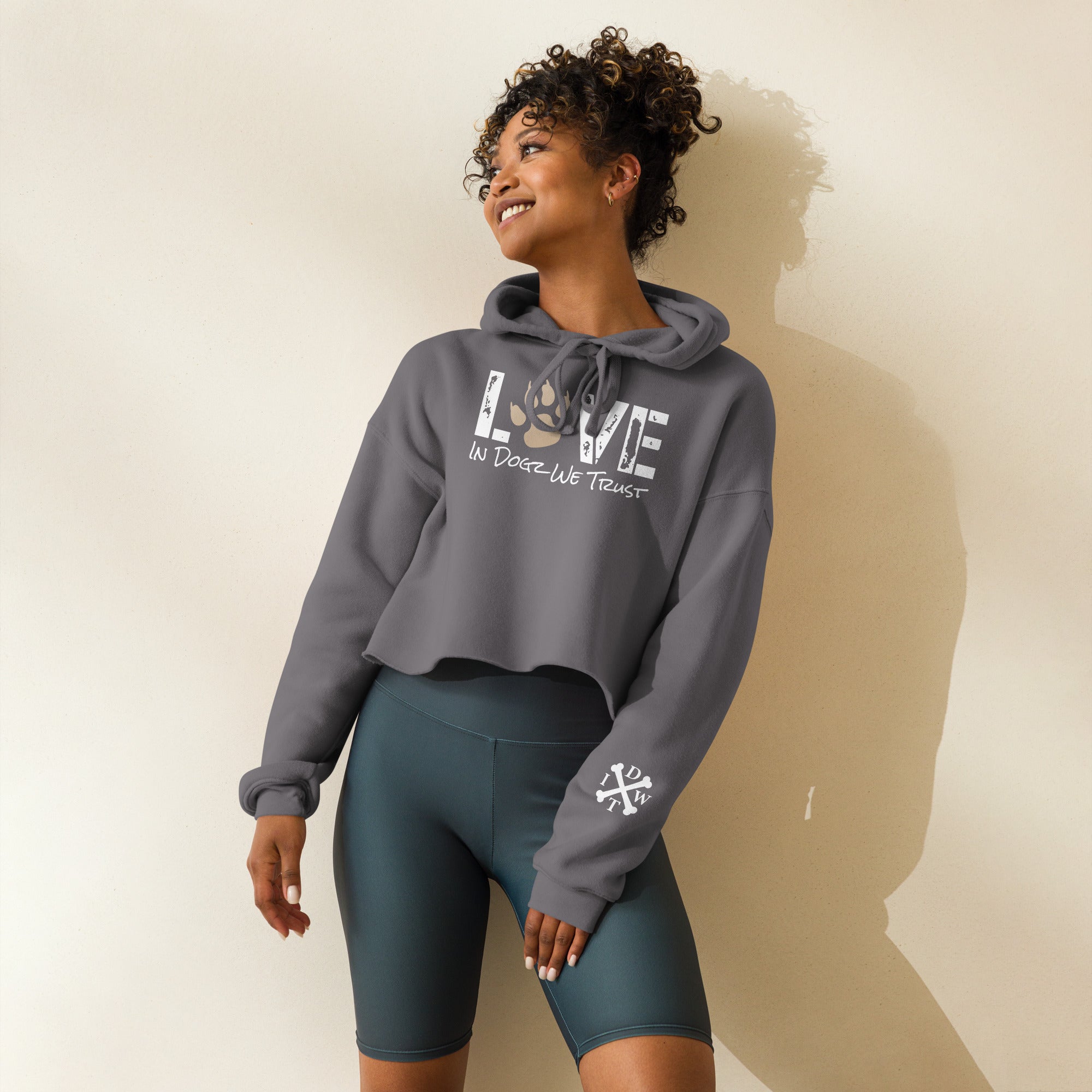 Puppy LOVE Crop Hoodie - Storm Grey - In Dogz We Trust - Female Model - Front View
