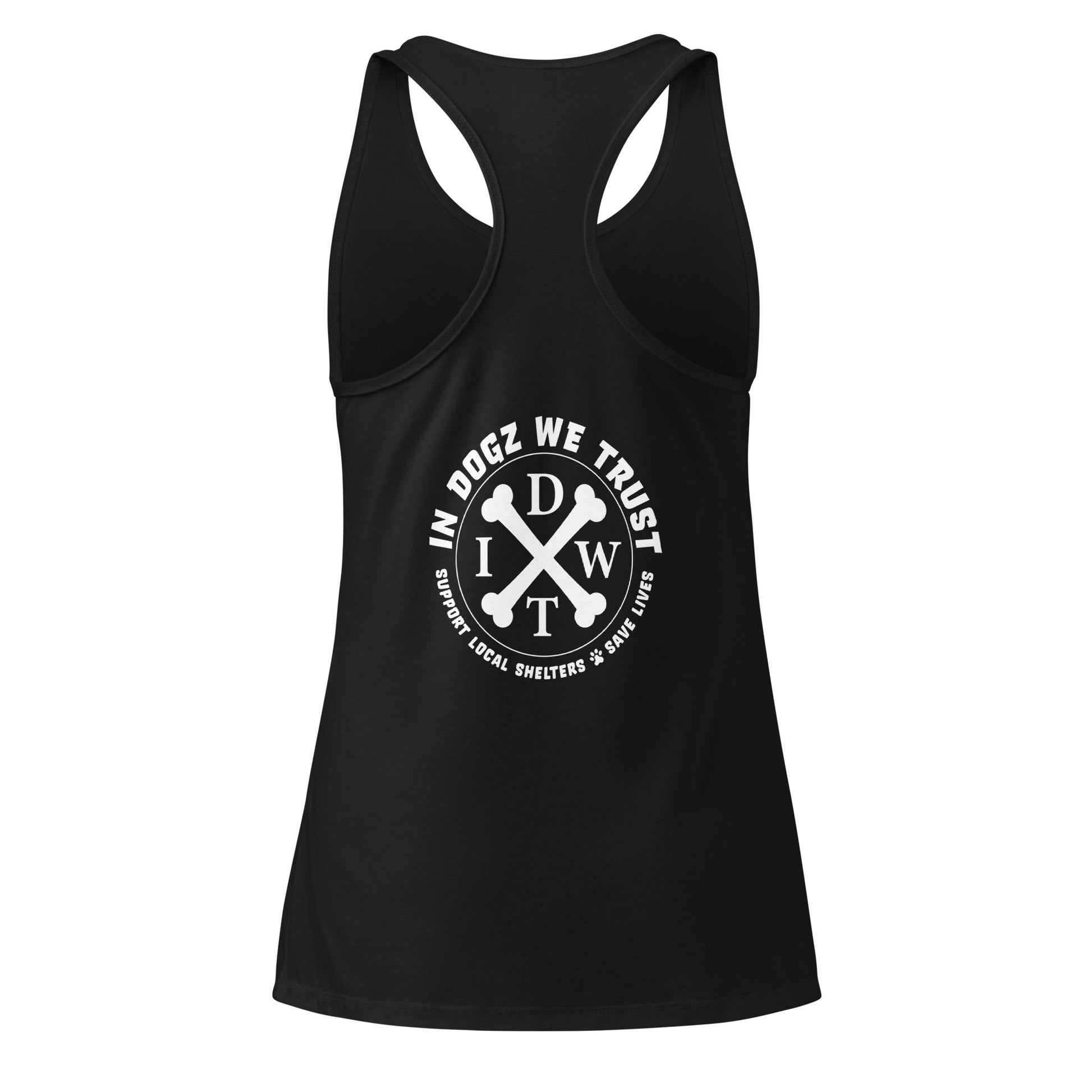 Puppy Love: Women’s Racerback Tank - Black Top - In Dogz We Trust - Back View