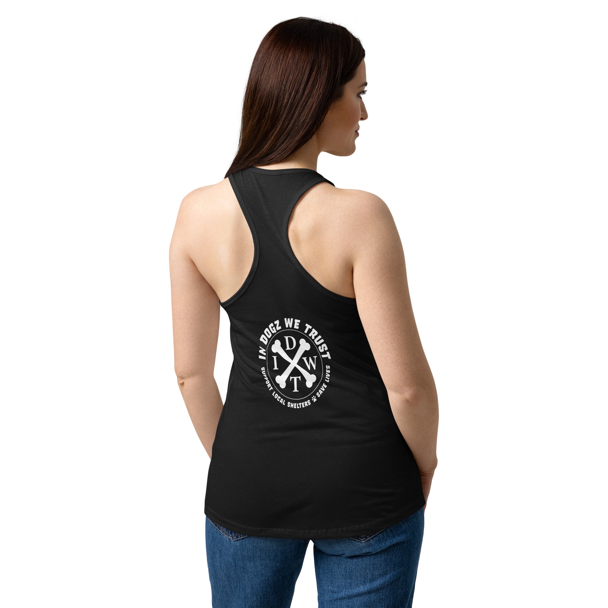 Puppy Love: Women’s Racerback Tank - Black Top - In Dogz We Trust - Female Model - Back View