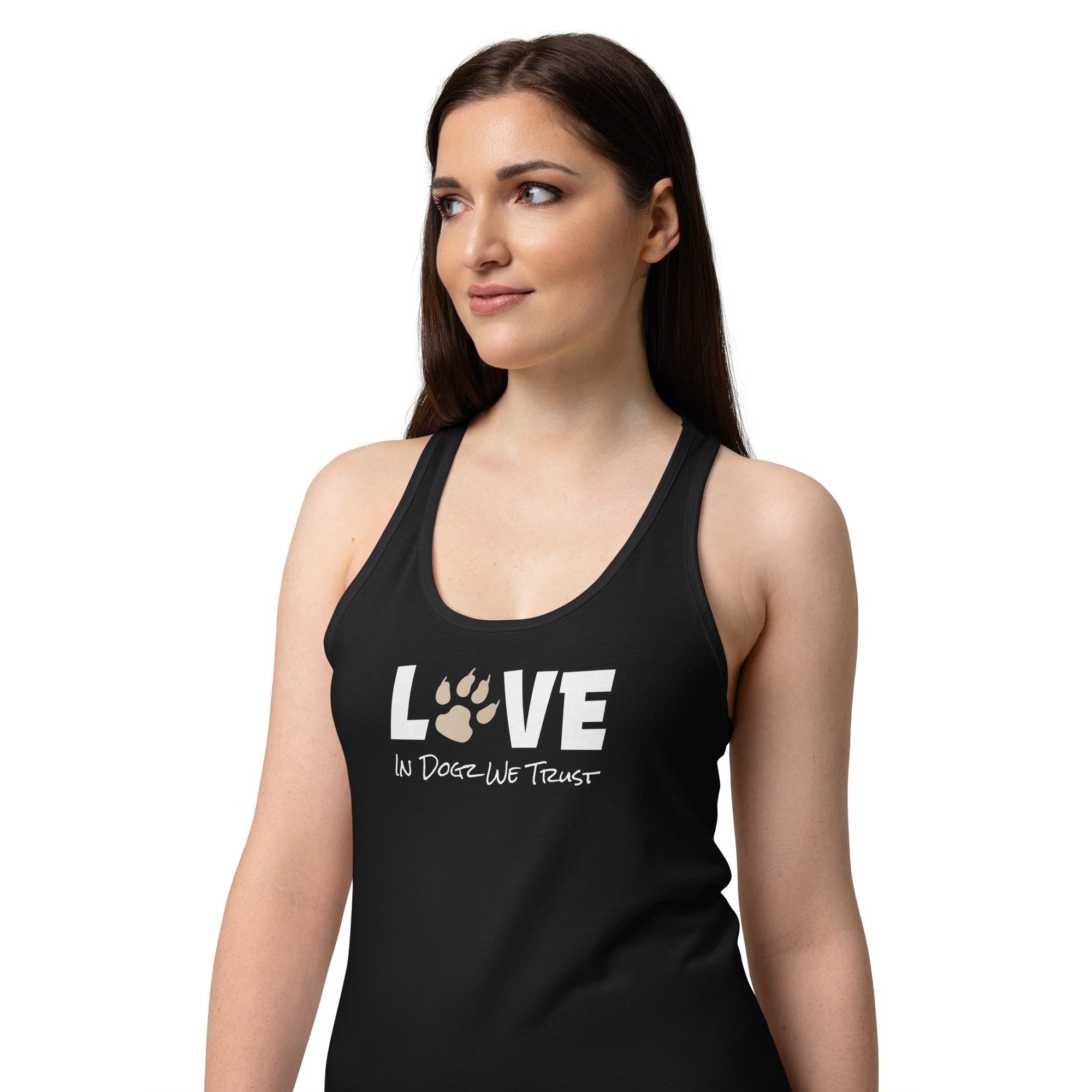 Puppy Love: Women’s Racerback Tank - Black Top - In Dogz We Trust  - Female Model - Close Up Front View