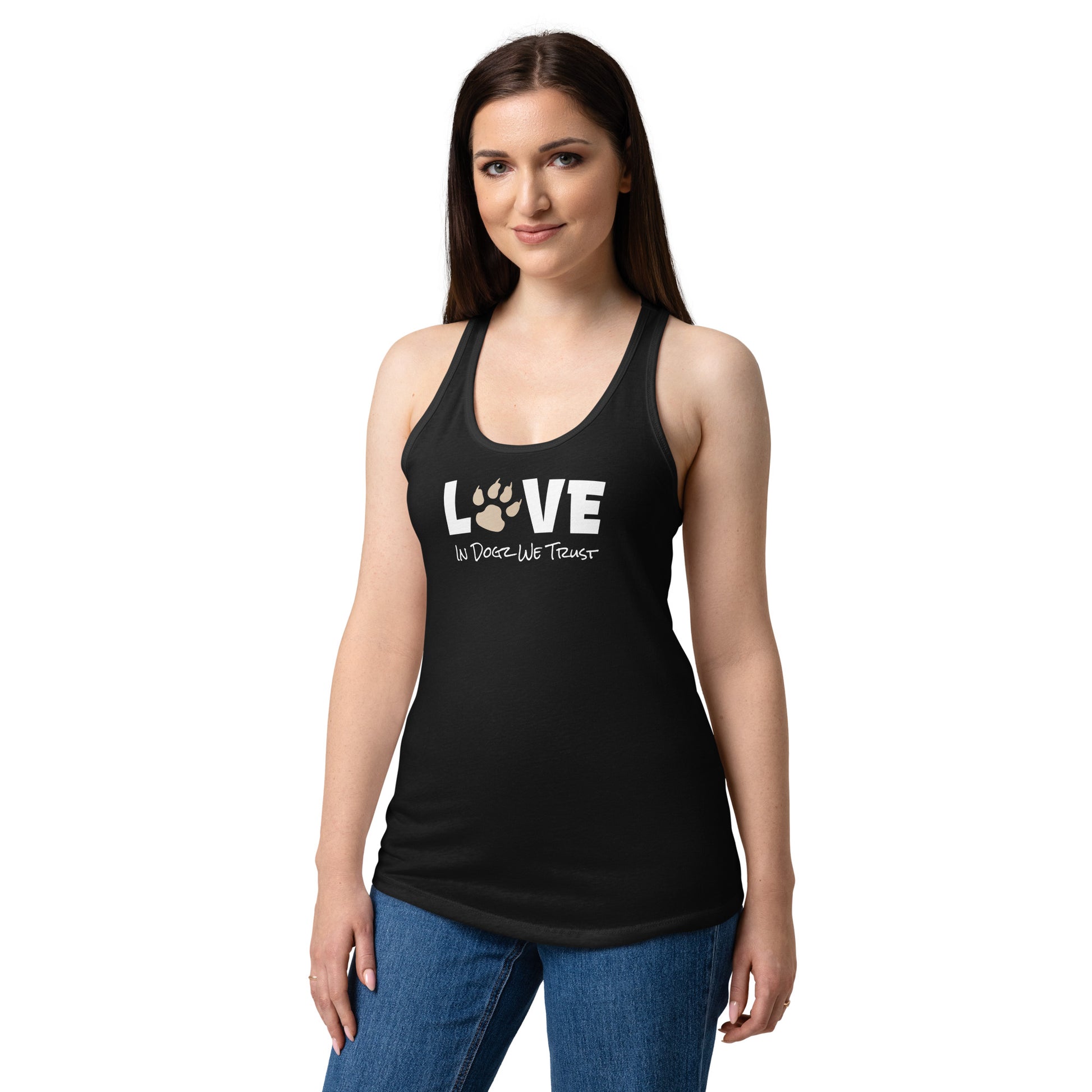 Puppy Love: Women’s Racerback Tank - Black Top - In Dogz We Trust - Female Model - Front View