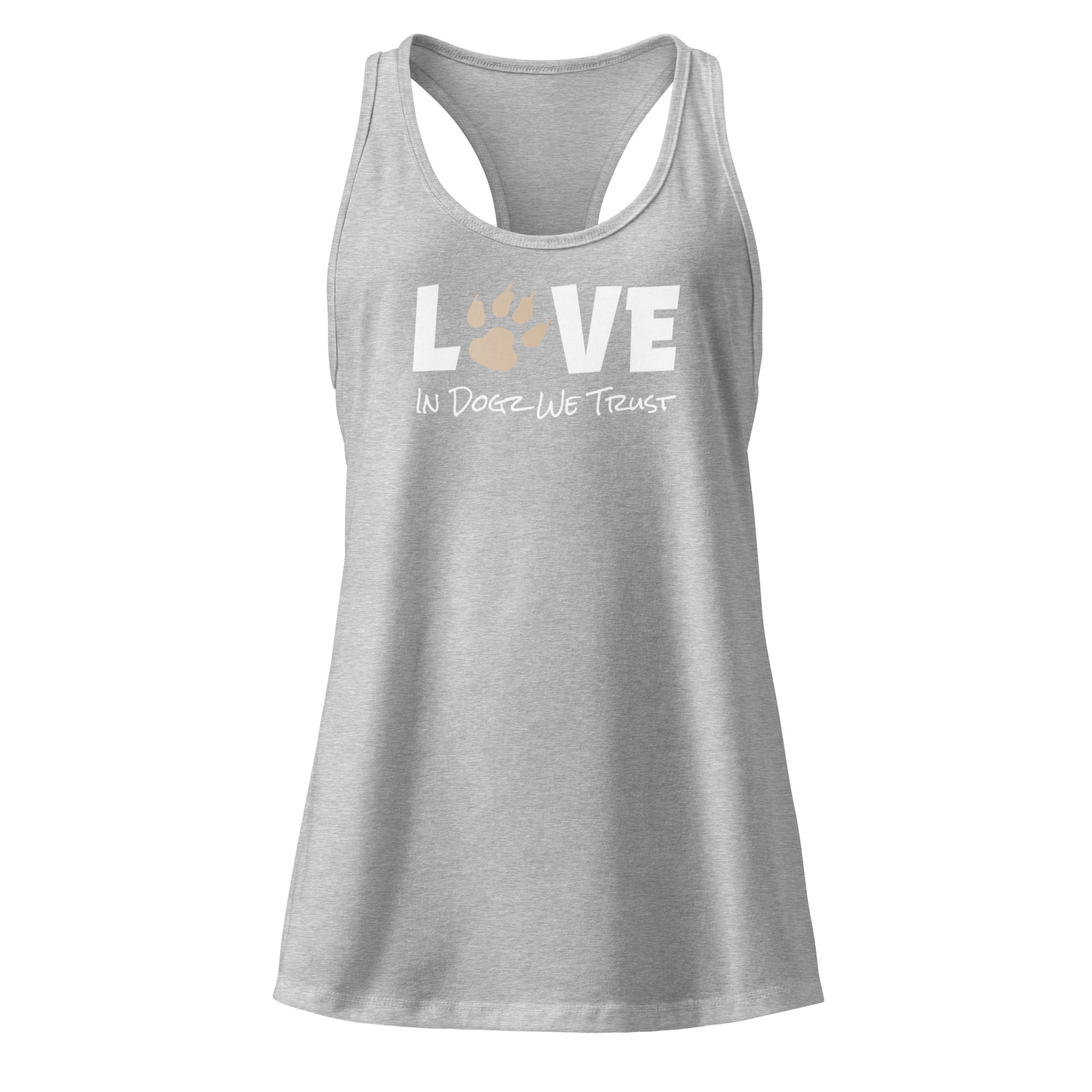 Puppy Love: Women’s Racerback Tank - Grey Top - In Dogz We Trust - Front View