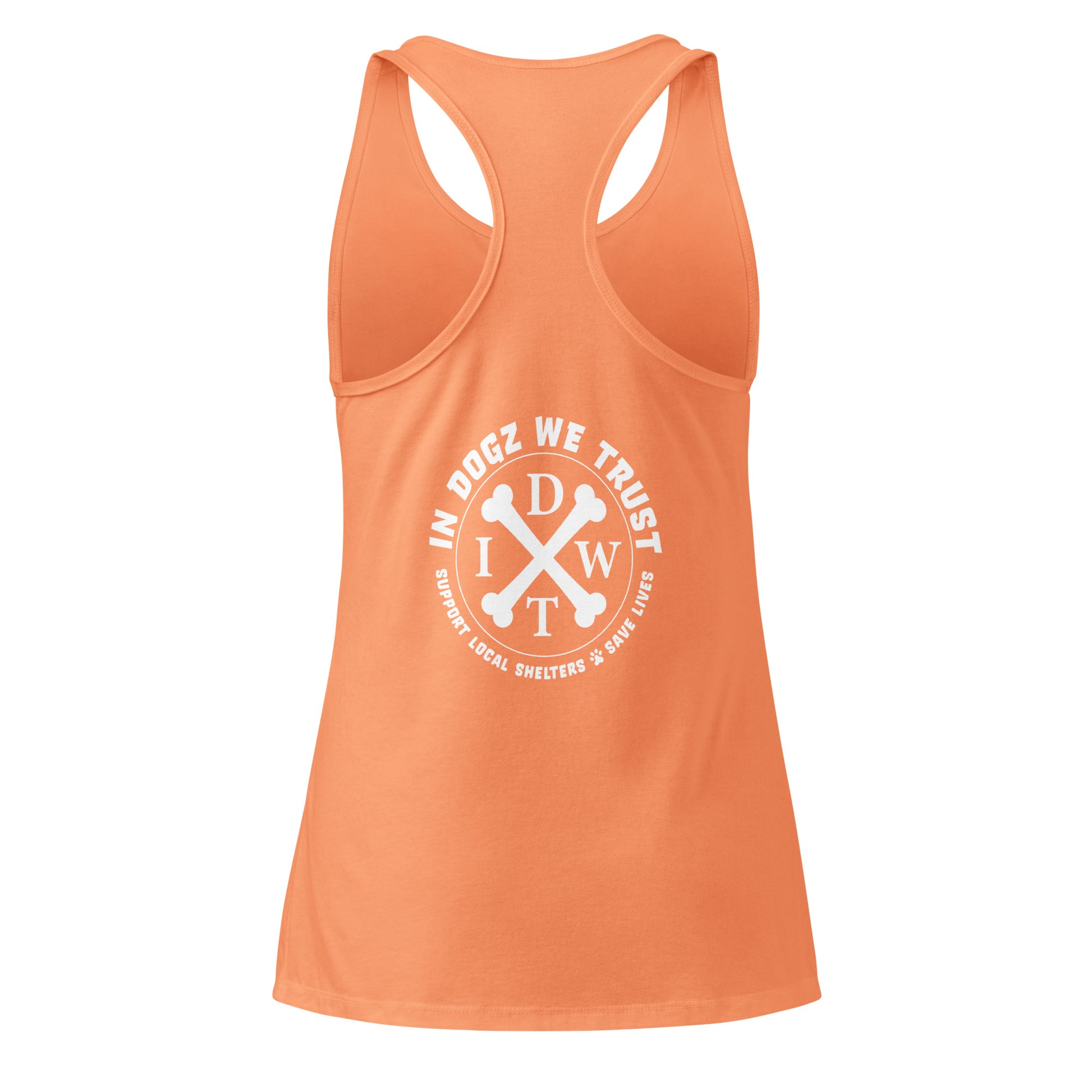 Puppy Love: Women’s Racerback Tank - Orange Top - In Dogz We Trust - Back View