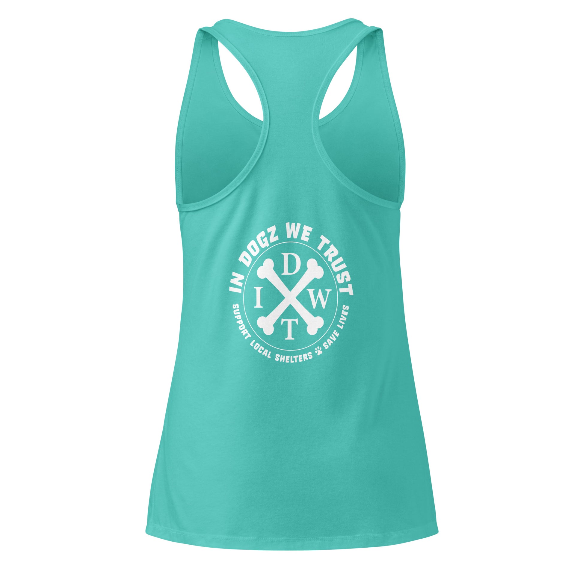 Puppy Love: Women’s Racerback Tank - Teal Top - In Dogz We Trust - Back View