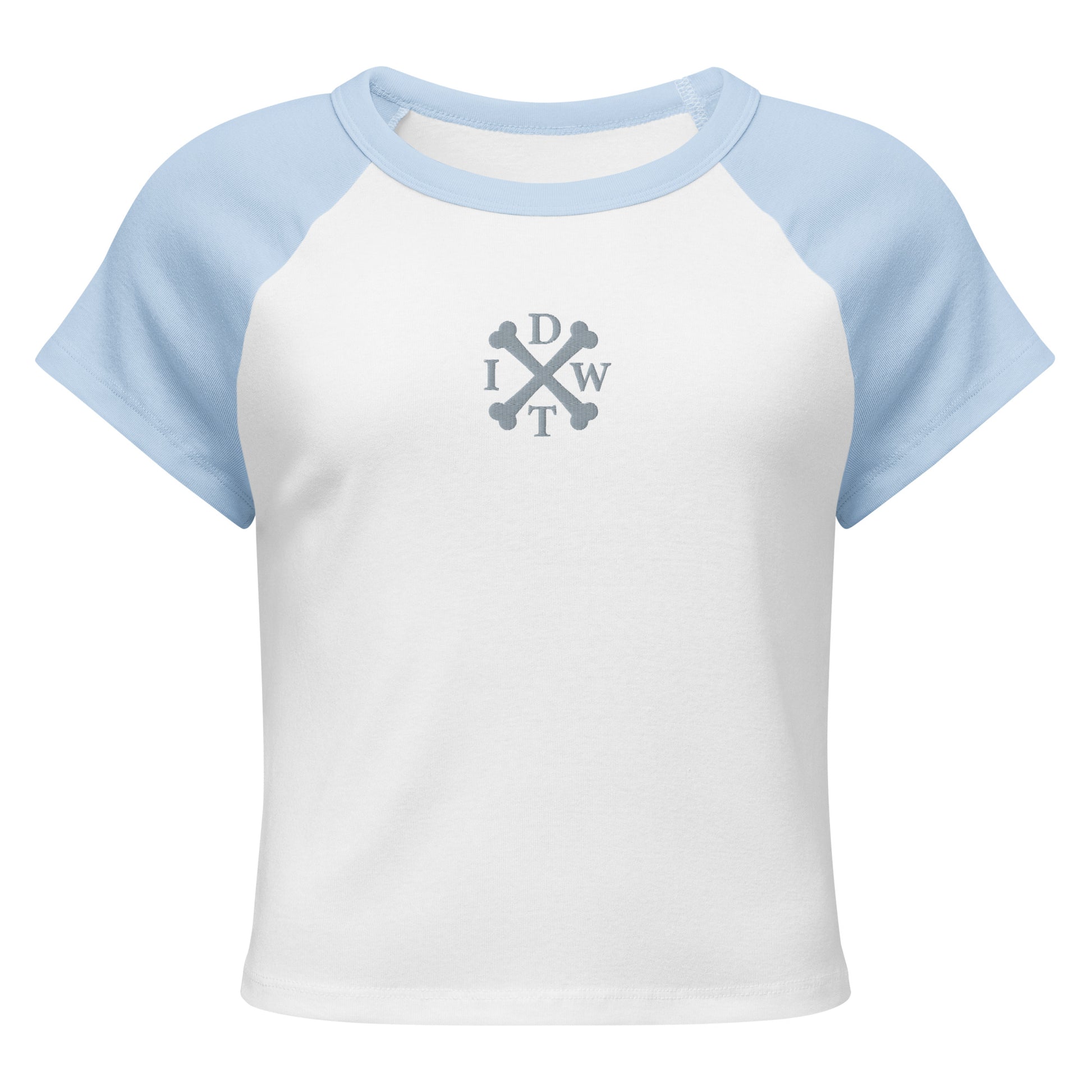 Embroidered IDWT Women’s Raglan Baby Doll Tee - White/Baby Blue - Front View
