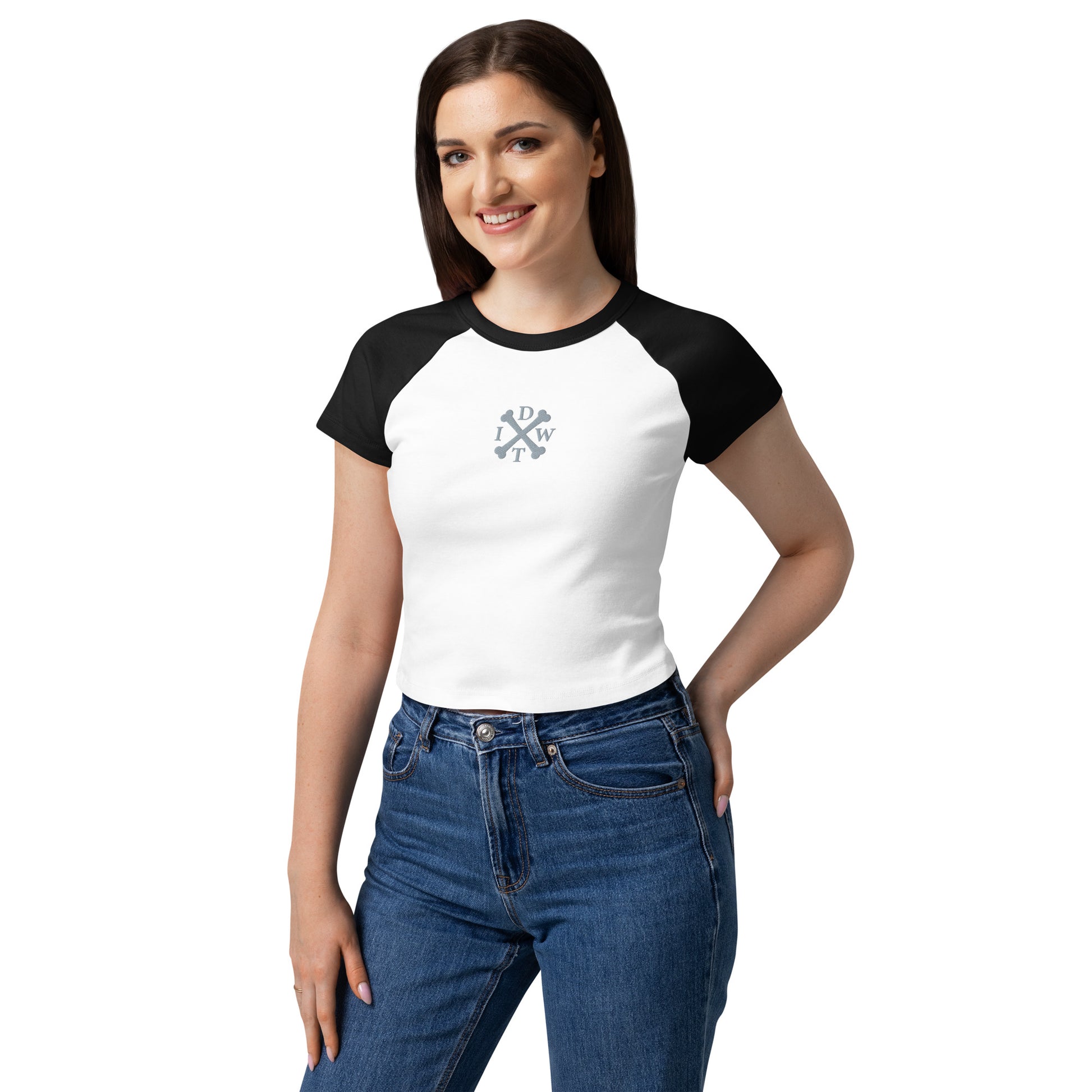 Embroidered IDWT Women’s Raglan Baby Doll Tee - White/Black - Female Model - Front View