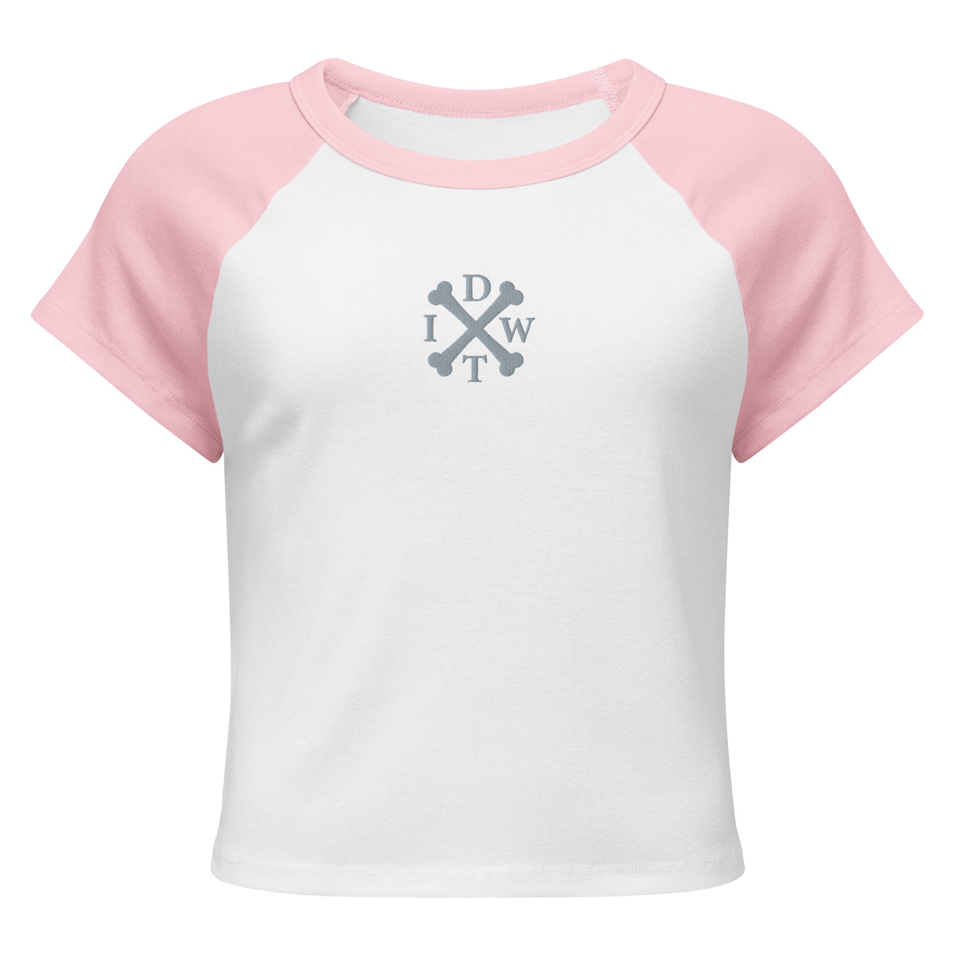 Embroidered IDWT Women’s Raglan Baby Doll Tee - White/Pink - Front View