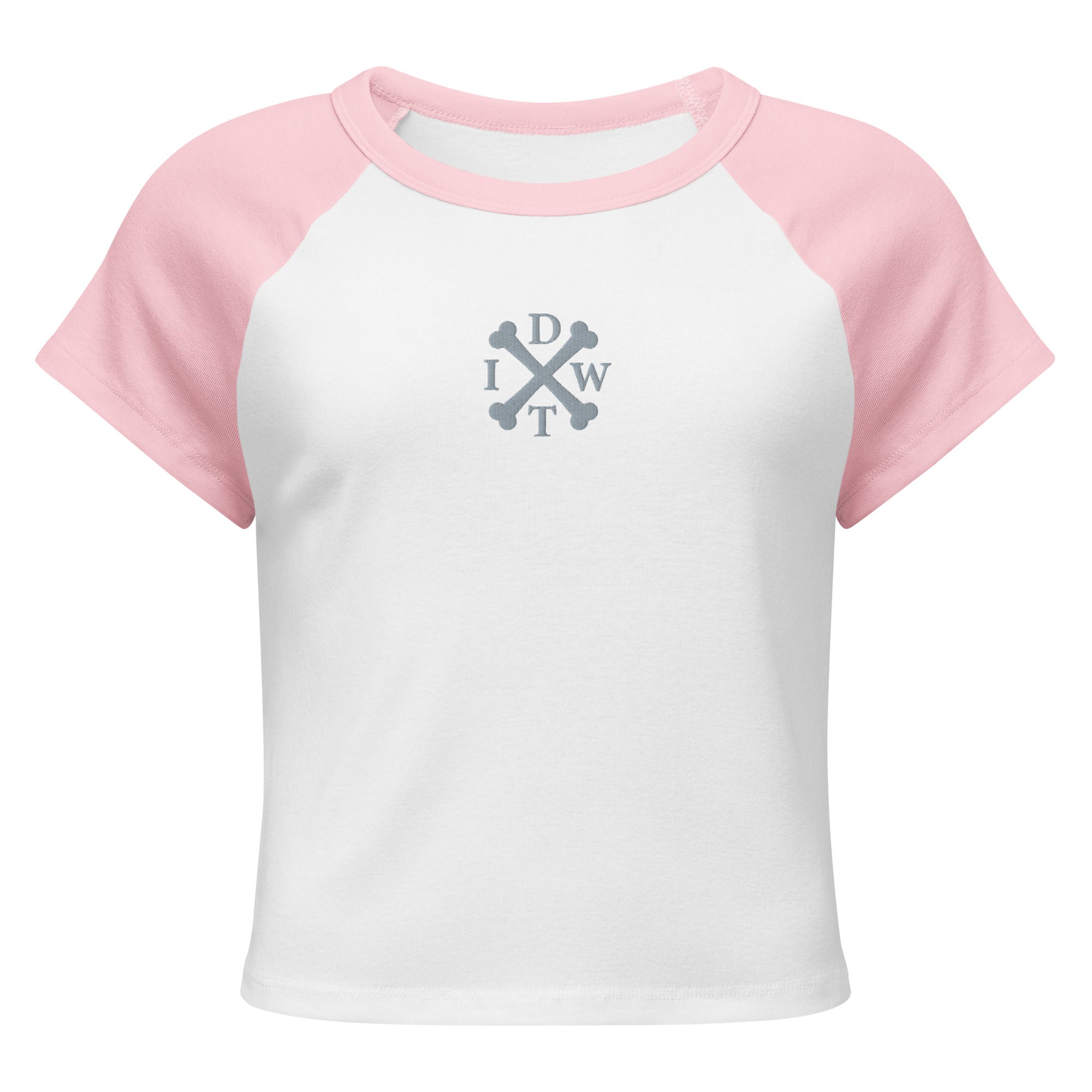 Embroidered IDWT Women’s Raglan Baby Doll Tee - White/Pink - Front View