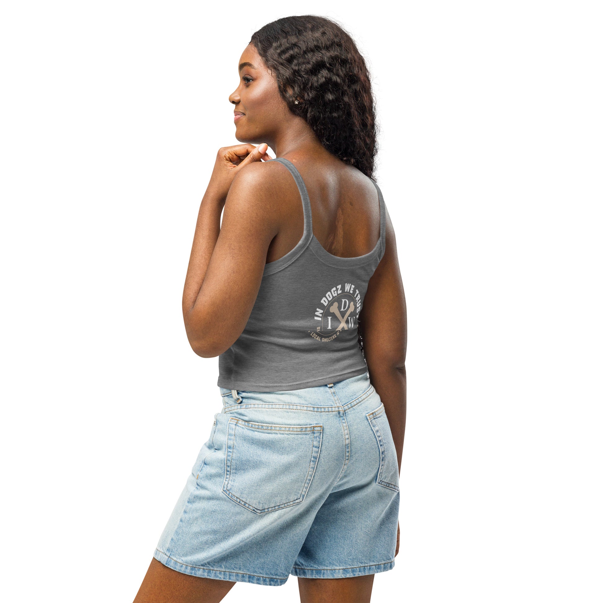 Dogz > Humans: Women’s Micro-Rib Tank Top - Heather Grey - In Dogz We Trust - Female Model - Back View
