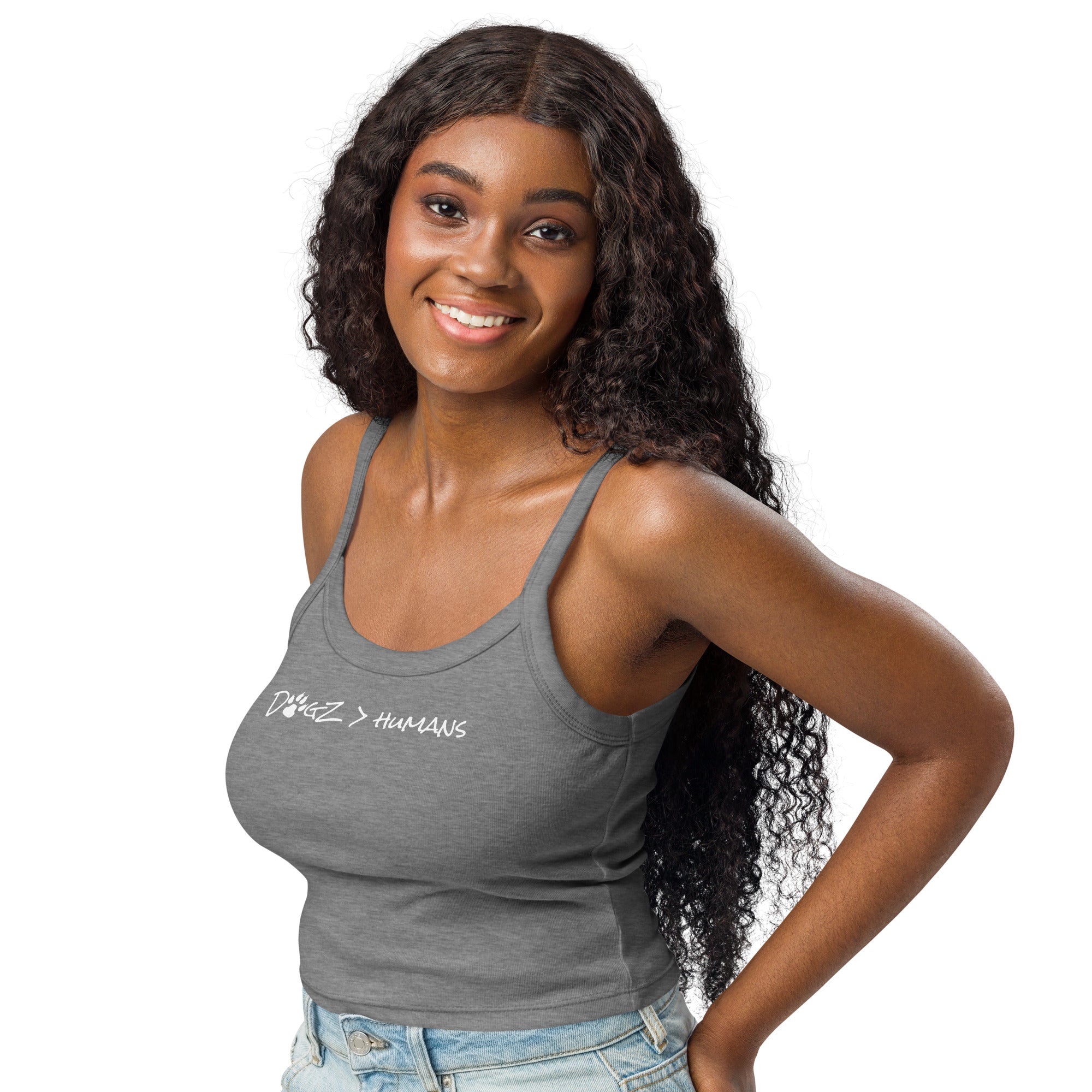 Dogz > Humans: Women’s Micro-Rib Tank Top - Heather Grey - In Dogz We Trust - Female Model - Front View