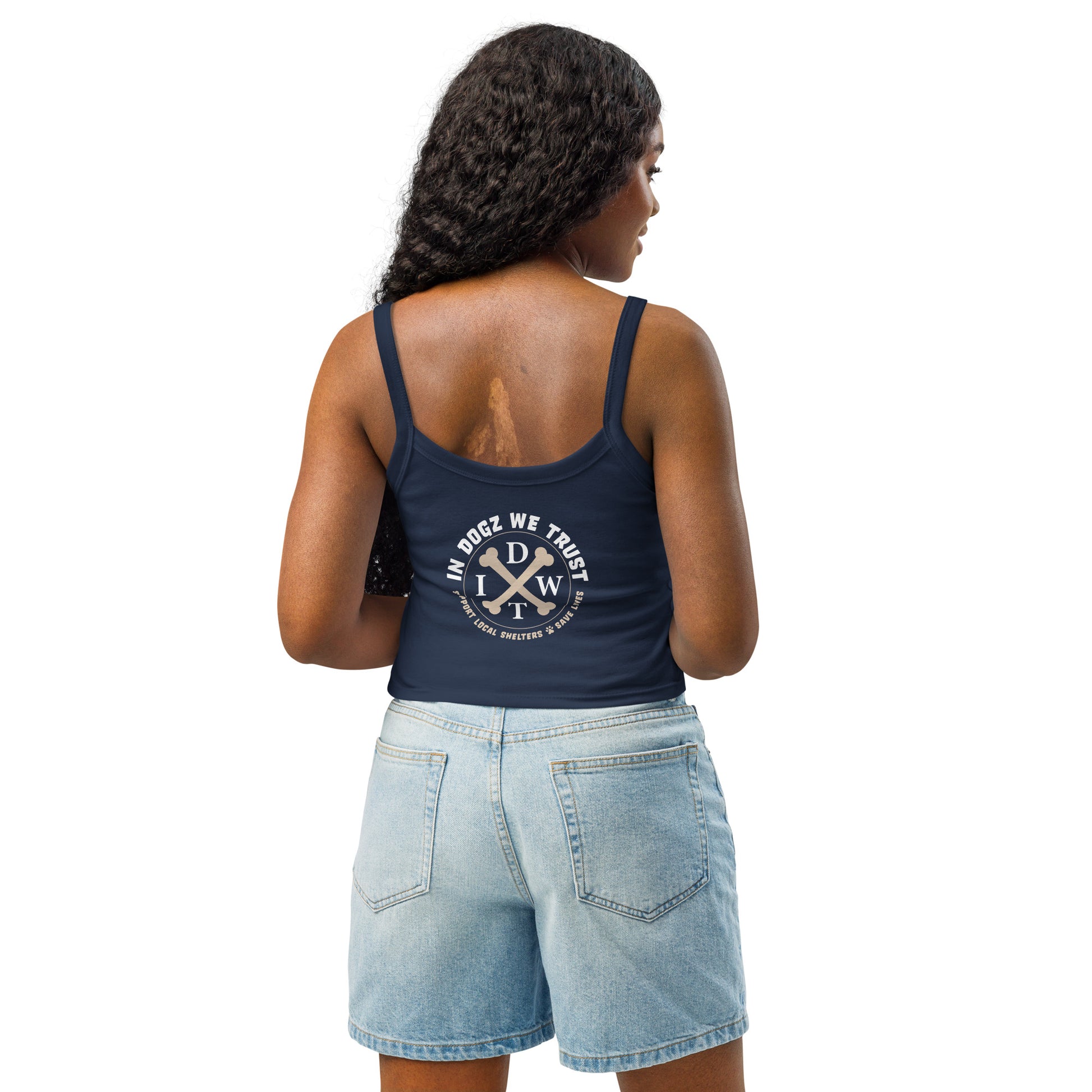 Dogz > Humans: Women’s Micro-Rib Tank Top - Navy - In Dogz We Trust - Female Model - Back View