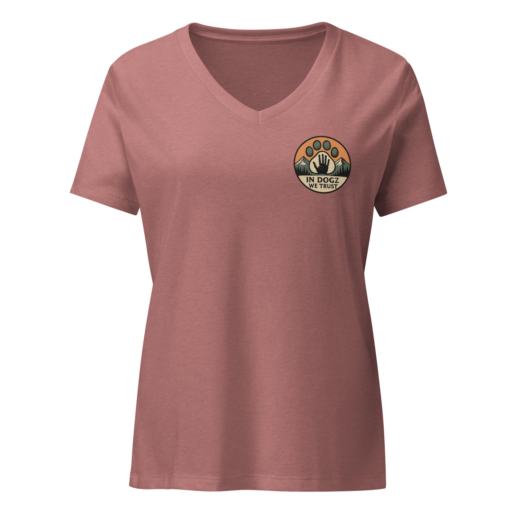 Woman's Best Friend V-neck Tee - Heather Mauve with Dog Paw Design - In Dogz We Trust - Front View