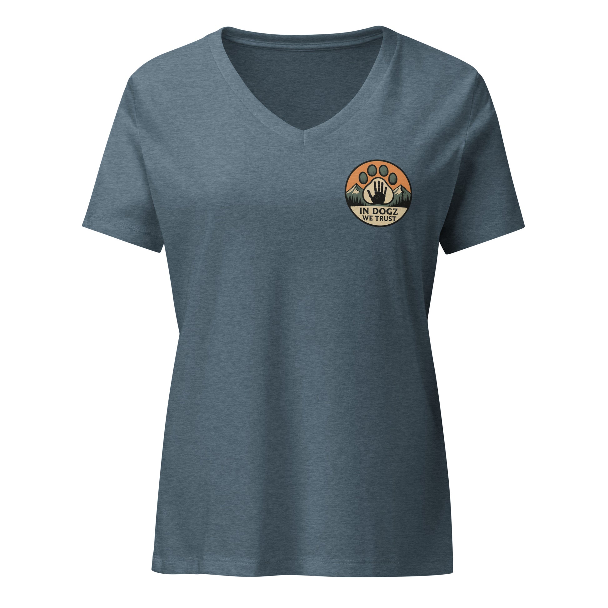 Woman's Best Friend V-neck Tee - Heather Slate with Dog Paw Design - In Dogz We Trust - Front View