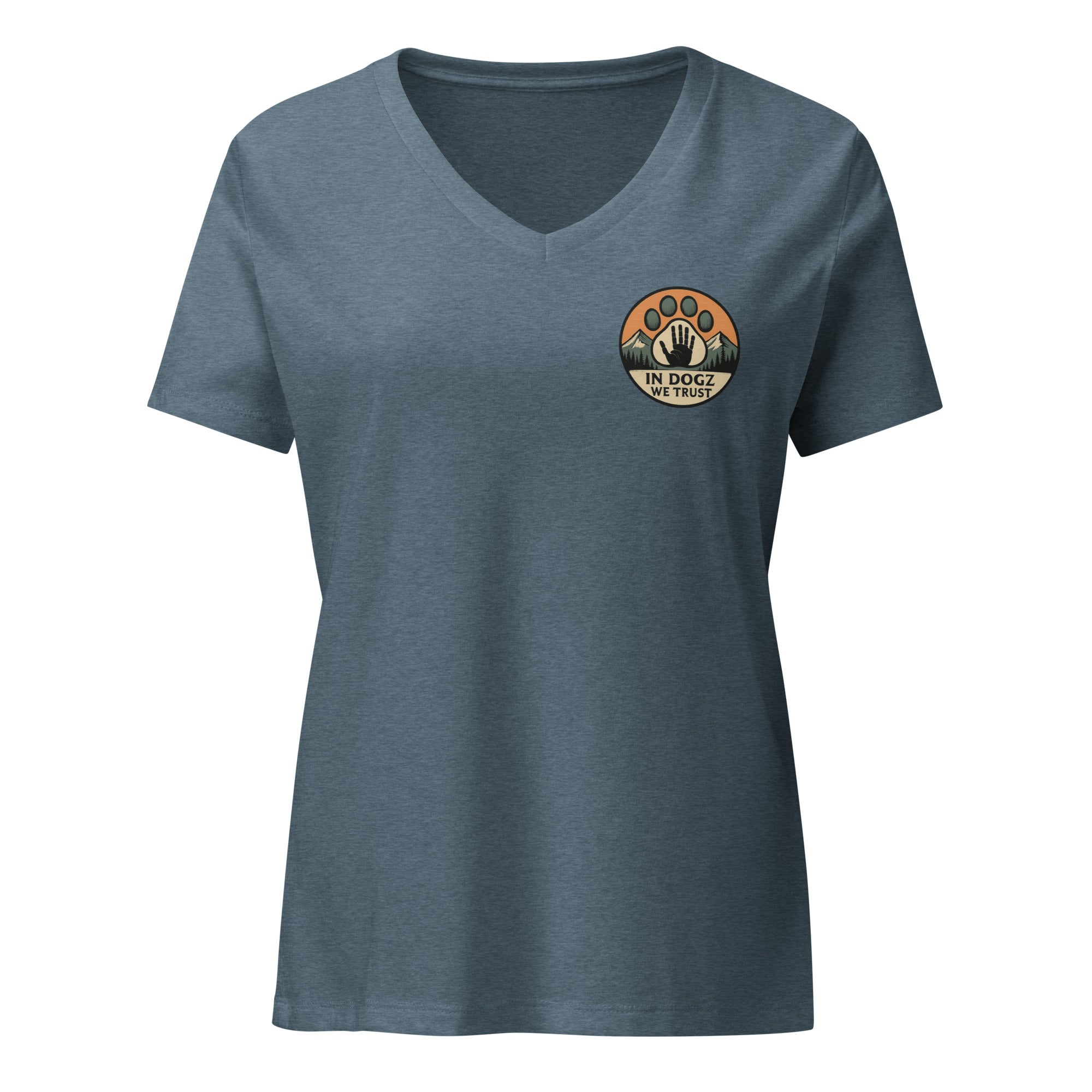 Woman's Best Friend V-neck Tee - Heather Slate with Dog Paw Design - In Dogz We Trust - Front View