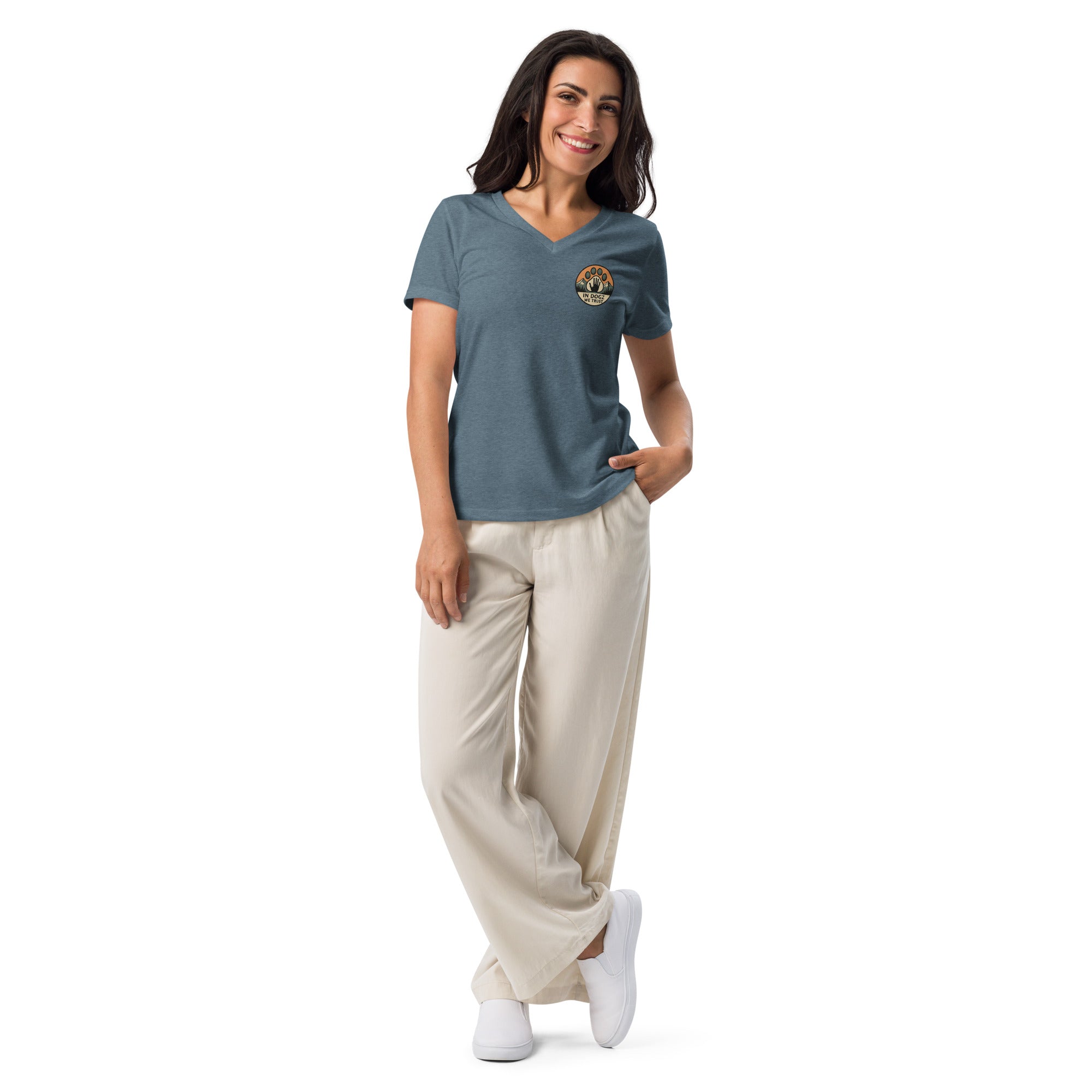 Woman's Best Friend V-neck Tee - Heather Slate with Dog Paw Design - In Dogz We Trust - Female Model - Front View