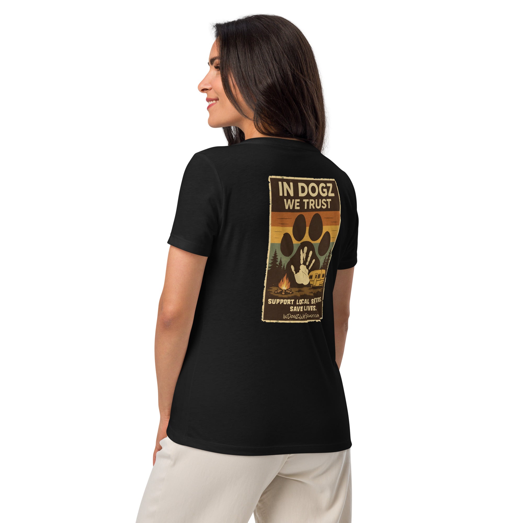 Woman's Best Friend V-neck Tee - Black with Dog Paw Design - In Dogz We Trust - Female Model - Back View