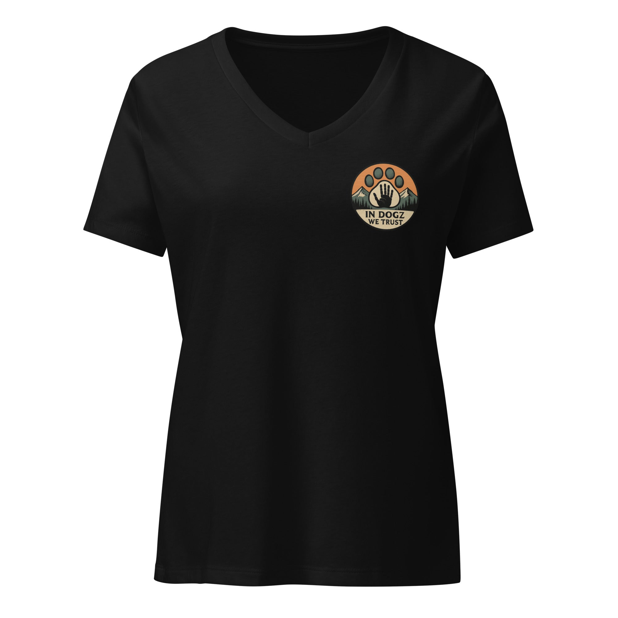 Woman's Best Friend V-neck Tee - Black with Dog Paw Design - In Dogz We Trust - Front View